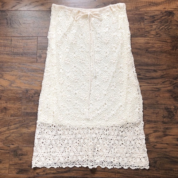SOLD Rene Derhy • vintage crocheted skirt lace knit drawstring waist midi cream - Picture 5 of 14